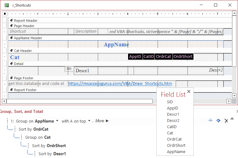 Shortcut key report design view