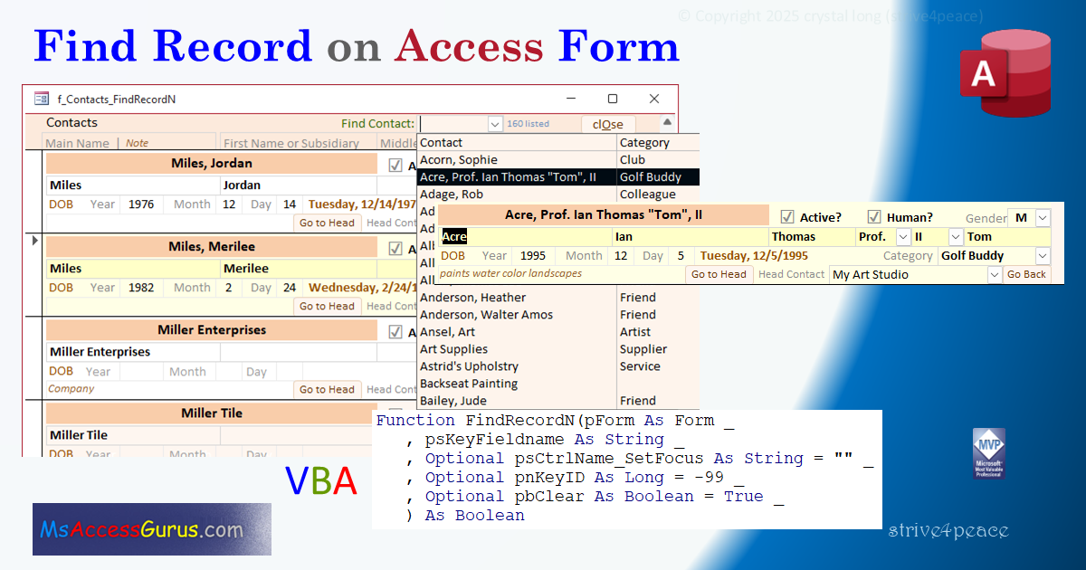 Access form with unbound combobox to find a record 
			and VBA declaration for FindRecordN