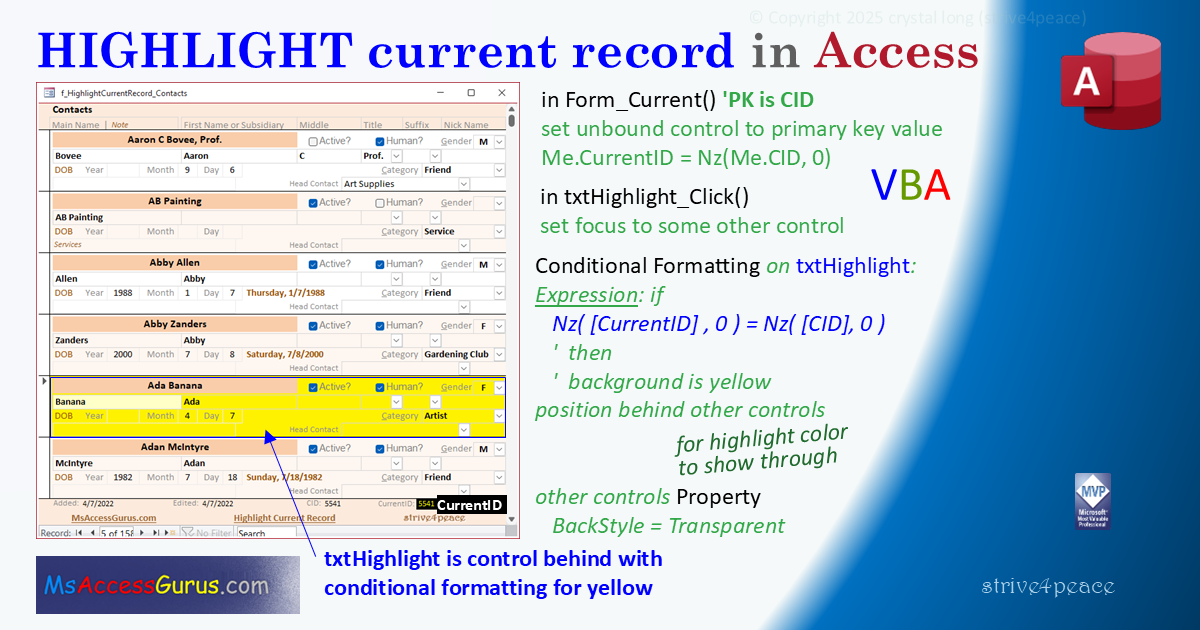 image to show how current record in Access is highlighted