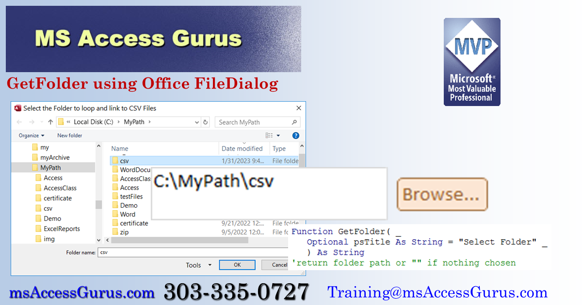 in VBA use Office.GetFolder to Browse to  folder