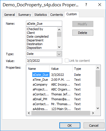 edit Custom properties for Word documents