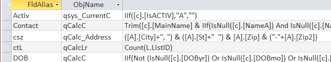 small list of query showing expressions in Access database