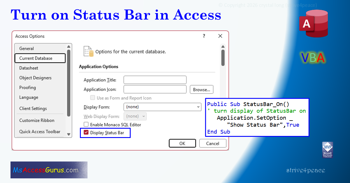 image showing VBA to Turn on Status Bar