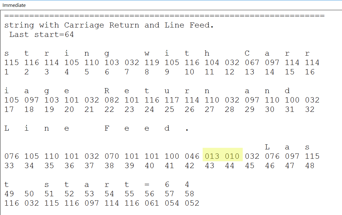 text with CRLF, output in Debug window with character, ASCII and position