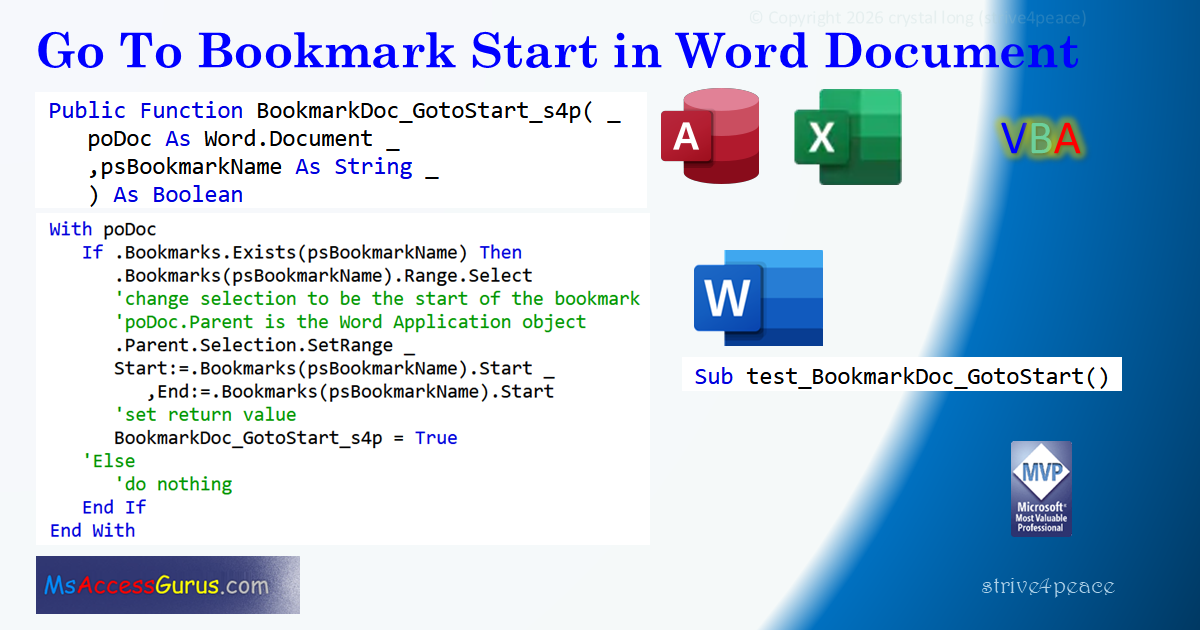 image showing using VBA to Go To Bookmark Start in Word Document