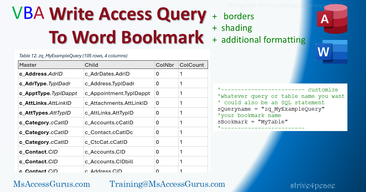 use VBA to Write results of an Access Query To Word Bookmark