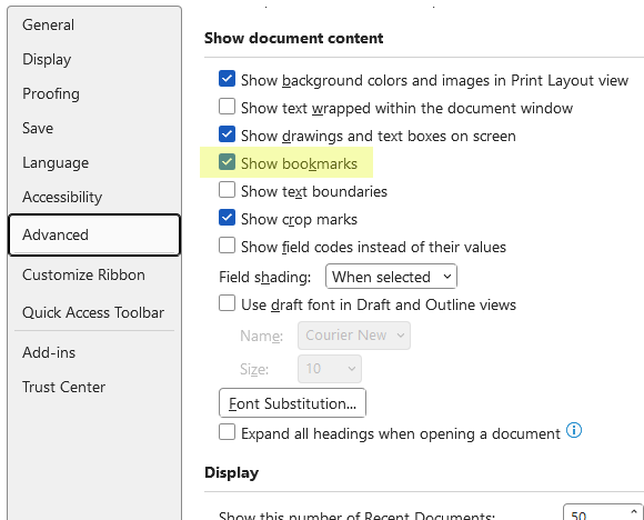 Show bookmarks in Word Options