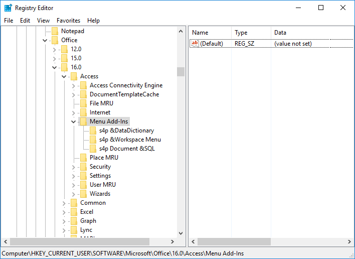 Registry location for Access addin