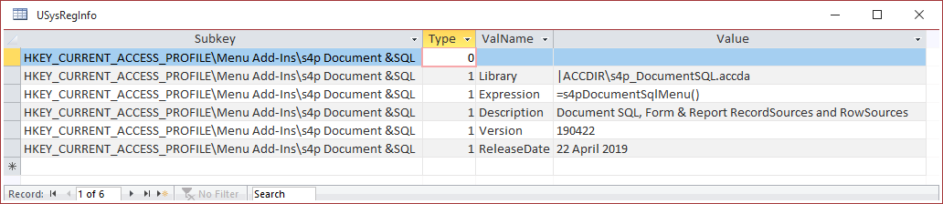 USysRegInfo for the DocumentSQL Add-in