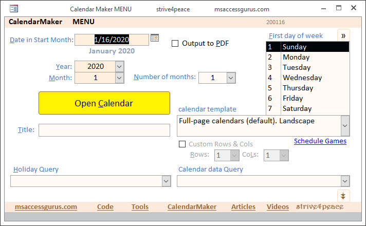 Calendar Maker menu